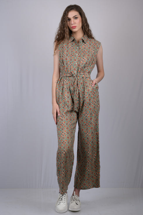 Jumpsuit with belt for Women's Greenish Multicolored Jumpsuit with Belt (OTL-JMS1004)
